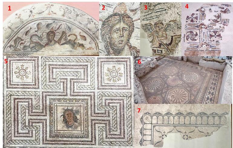 Selección de mosaicos estudiados en el proyecto. 1 y 2: Mosaicos de Tetis y detalle de Tetis, Marroquíes Altos. 3: Detalle del mosaico de erotes, Marroquíes Altos. 4: Mosaico de Casablanca, Linares. 5: Mosaico de Tetis, Bruñel. 6: Mosaico de Octógonos, Cástulo. 7: Mosaico Villa del Apero. Martos.