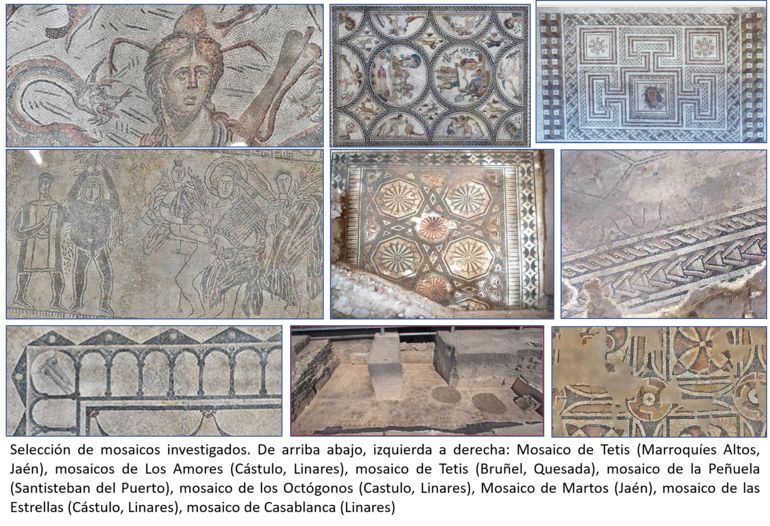 Selección de mosaicos investigados. De arriba abajo, izquierda a derecha: Mosaico de Tetis (Marroquíes Altos, Jaén), mosaicos de Los Amores (Cástulo, Linares), mosaico de Tetis (Bruñel, Quesada), mosaico de la Peñuela (Santisteban del Puerto), mosaico de los Octógonos (Castulo, Linares), Mosaico de Martos (Jaén), mosaico de las Estrellas (Cástulo, Linares), mosaico de Casablanca (Linares)