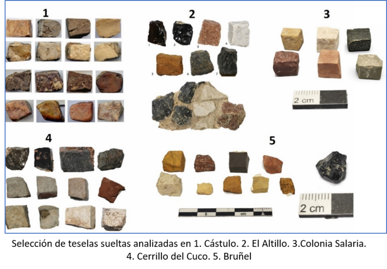 Selección de teselas sueltas analizadas en 1. Cástulo. 2. El Altillo. 3.Colonia Salaria. 4. Cerrillo del Cuco. 5. Bruñel